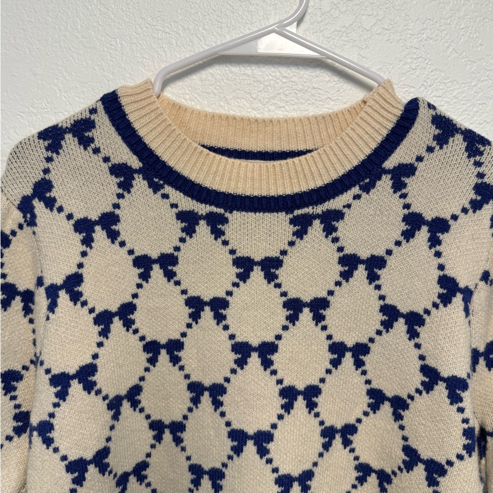 THML Blue Bow Lattice Short Sleeve Knit Sweater Cream Navy Preppy Cottagecore - Picture 2 of 9